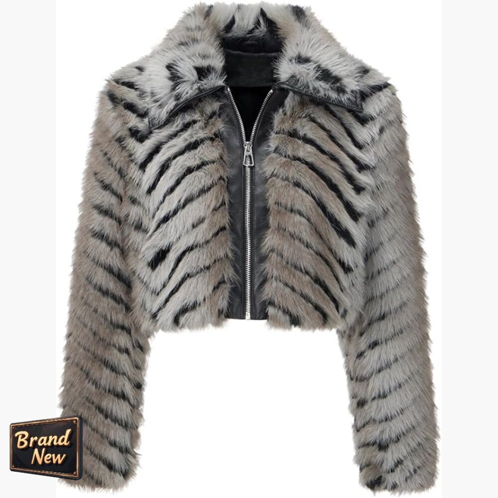Faux Fur Leather Jacket Cropped Fleece Coat Warm Fluffy Zip Outerwear - Picture 1 of 7